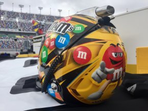 The air hose attaches to the top of Kyle Busch's helmet for ventilation.